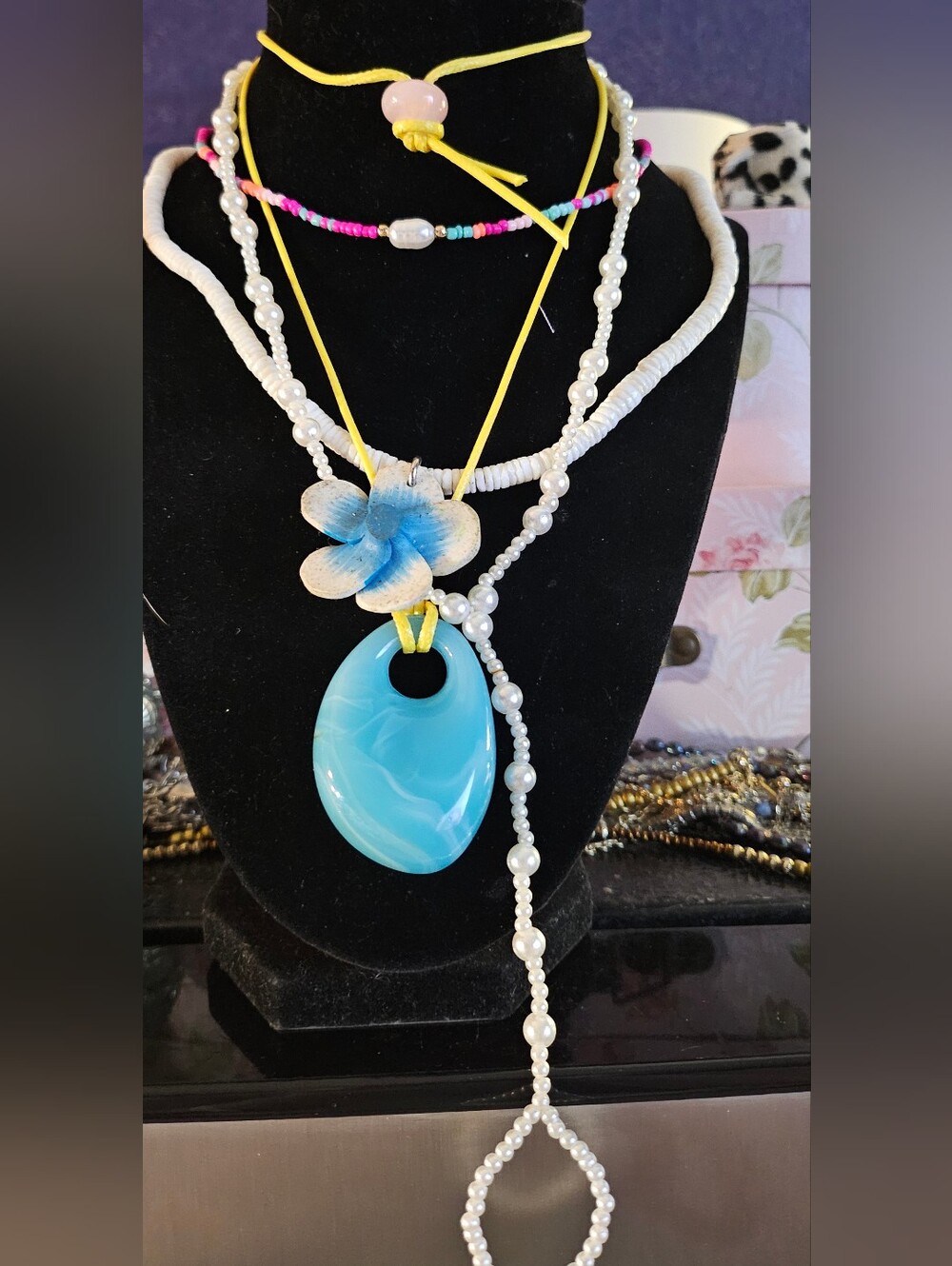 4 Necklaces Blue Resin Flower Pendant, Blue Glass, Multi Beaded, Faux Pearls